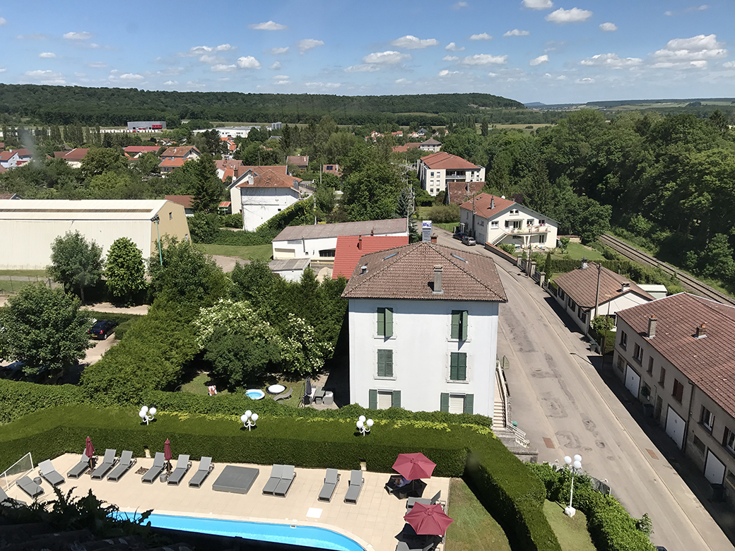 View from the dormer window, upper floor (attic) of Hôtel-Club Cosmos Contrexéville, looking north